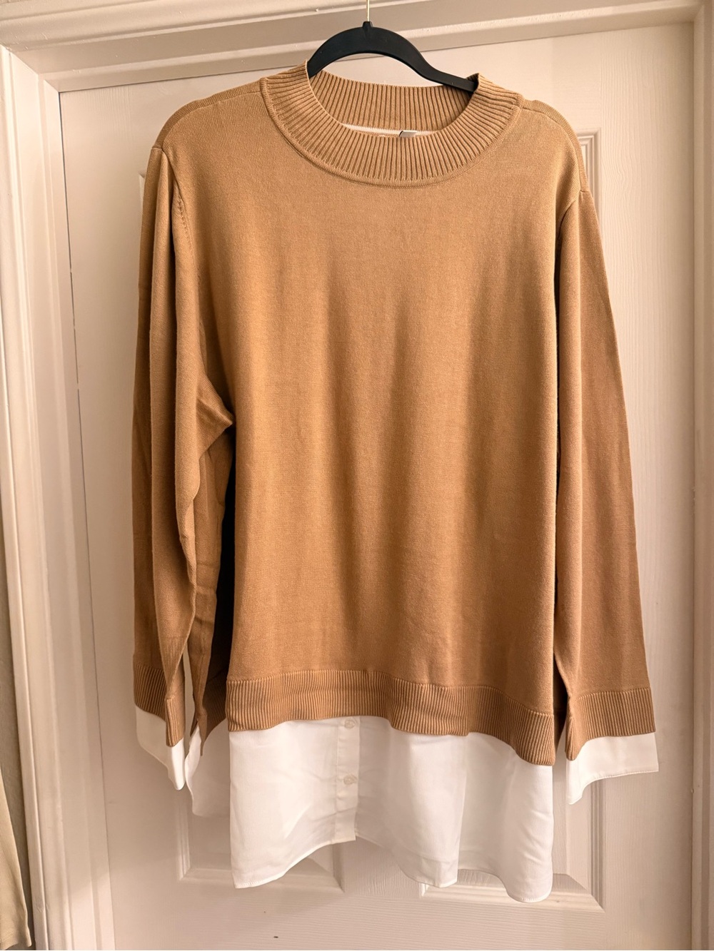 Isaac Mizrahi Camel Crewneck Sweater with White Shirt Hem